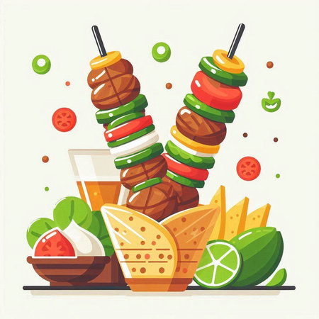 Mexican cuisine vector illustration. Grilled meat, cheese and vegetables on a skewer.のイラスト素材