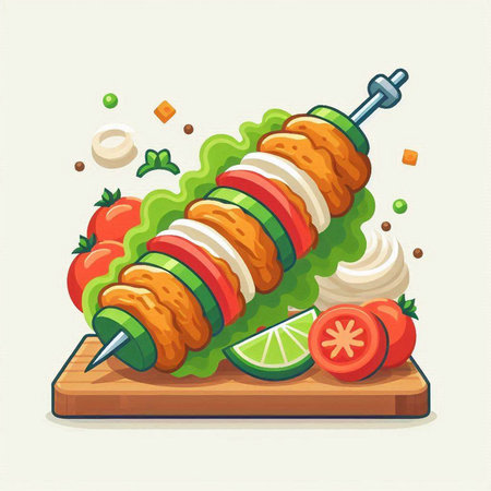 Shish kebab on a skewer with vegetables. Vector illustration.のイラスト素材