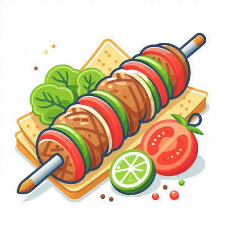 Shish kebab on a skewer with vegetables. Vector illustration.のイラスト素材