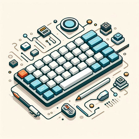 Vector isometric illustration of a computer keyboard with electronic components. The concept of computers, hardware, electronics.のイラスト素材