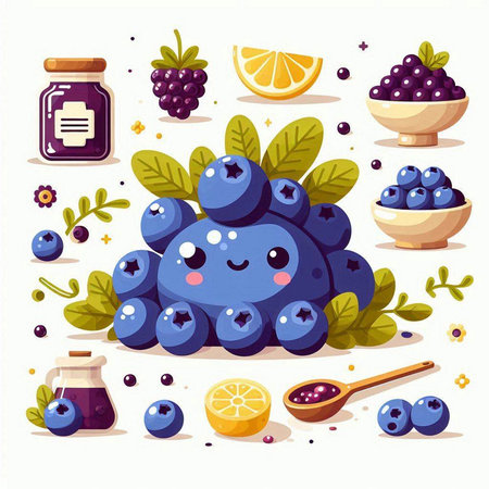 Set of blueberries, blackberries, blueberries, lemon and jam. Vector illustrationのイラスト素材