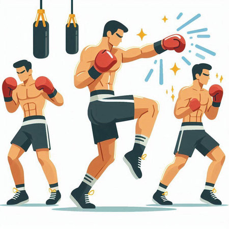 Boxing vector illustration. Boxers in different poses. Boxers fighting.のイラスト素材