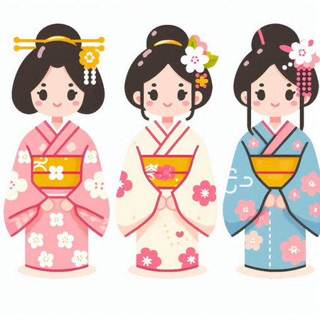 Japanese girls in kimono isolated on white background. Vector illustration.のイラスト素材