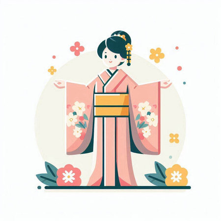 Japanese girl in kimono. Vector illustration on white background.のイラスト素材