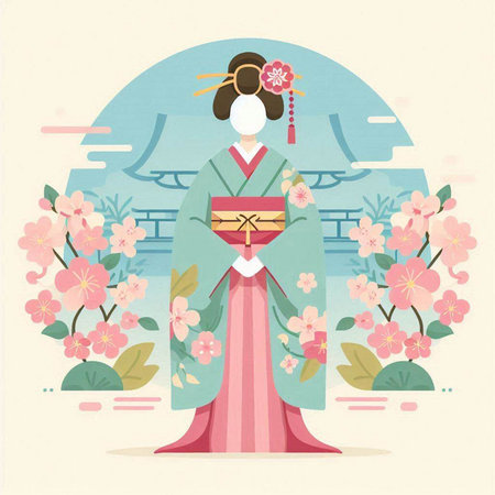 Hina dolls and cherry blossom. Vector illustration in retro style.のイラスト素材