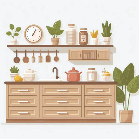 Kitchen interior design. Vector illustration in flat style. Furniture.のイラスト素材