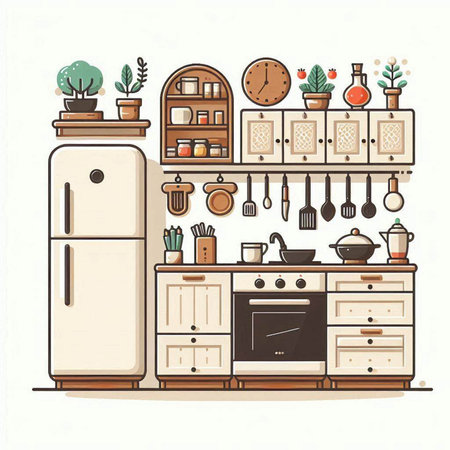 Kitchen furniture and utensils. Vector illustration in cartoon style.のイラスト素材