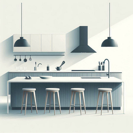 Interior of modern kitchen with white walls, concrete floor, gray countertops and wooden bar with stools. 3d renderingのイラスト素材