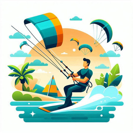 Kitesurfing flat color vector illustration. Man kitesurfer riding on surfboard on seashore. Extreme sport. Summer vacation. Isolated cartoon character on white backgroundのイラスト素材