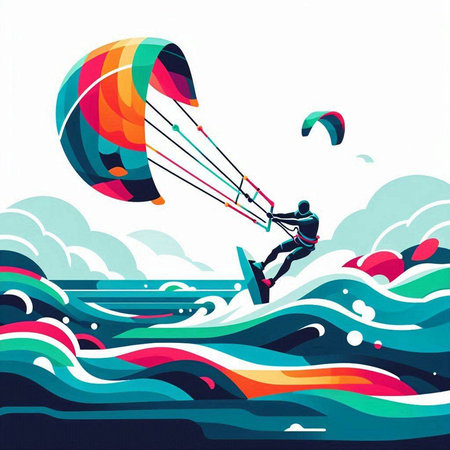 Kitesurfer on the waves of the sea. Vector illustrationのイラスト素材