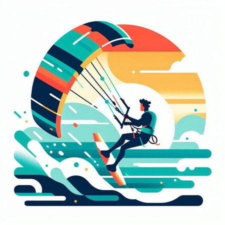 Kitesurfer in the waves. Windsurfing. Vector illustrationのイラスト素材