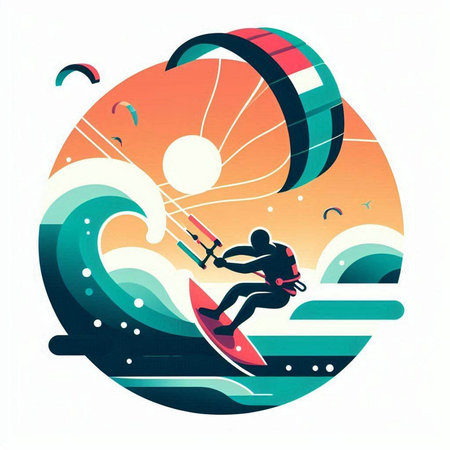 Kitesurfer rides on the waves of the sea, vector illustrationのイラスト素材