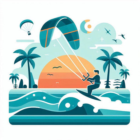 Tropical beach with palm trees and kitesurfer. Vector illustrationのイラスト素材