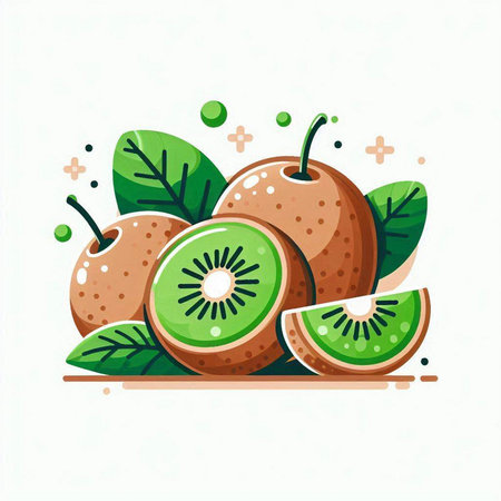Kiwi fruit with green leaves on white background. Vector illustration.のイラスト素材