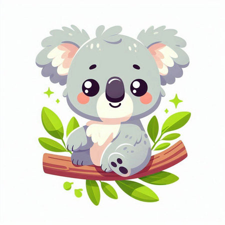 Cute koala sitting on a branch with green leaves. Vector illustration.のイラスト素材