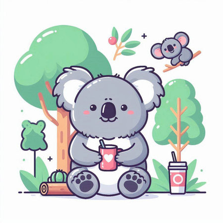 Cute koala drinking coffee in the park. Vector illustration.のイラスト素材