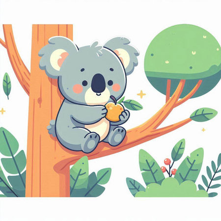 Cute koala sitting on the tree and eating an apple.のイラスト素材