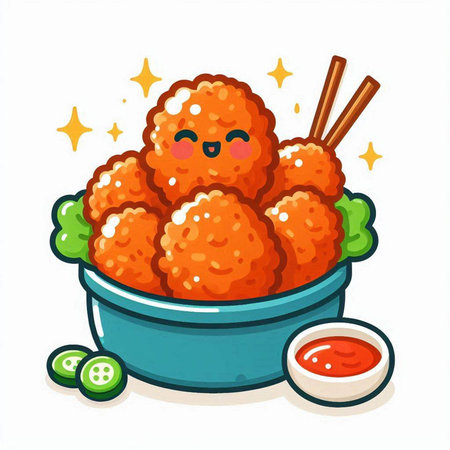 Kawaii fried chicken meatballs in bowl. Vector illustration.のイラスト素材