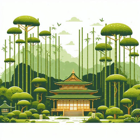 Temple in the forest, bamboo trees and mountains. Vector illustration.のイラスト素材