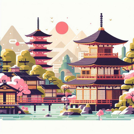 Landscape of japanese traditional buildings. Vector illustration in flat styleのイラスト素材