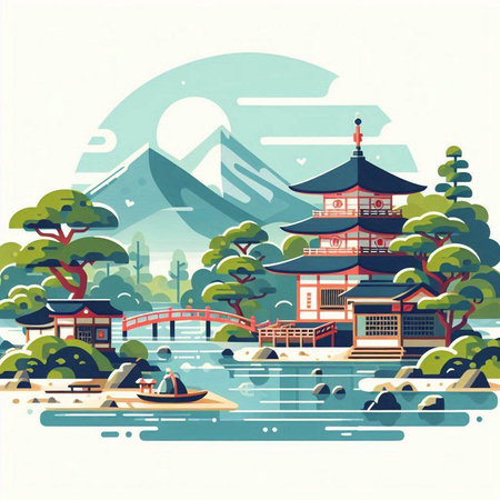 Vector illustration of japanese traditional building on the lake background.のイラスト素材