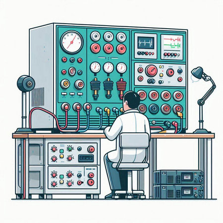 Engineer in control room. Vector illustration in cartoon style on white background.のイラスト素材