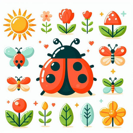 Set of ladybugs and flowers. Vector illustration in flat style.のイラスト素材