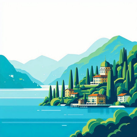 Beautiful landscape of Lake Garda, Italy. Vector illustration.のイラスト素材