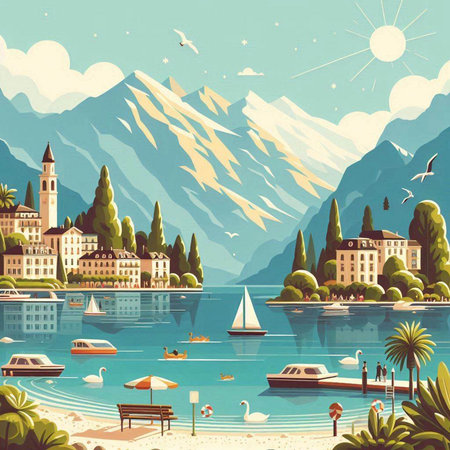 Switzerland landscape with mountains and lake. Vector illustration in retro styleのイラスト素材
