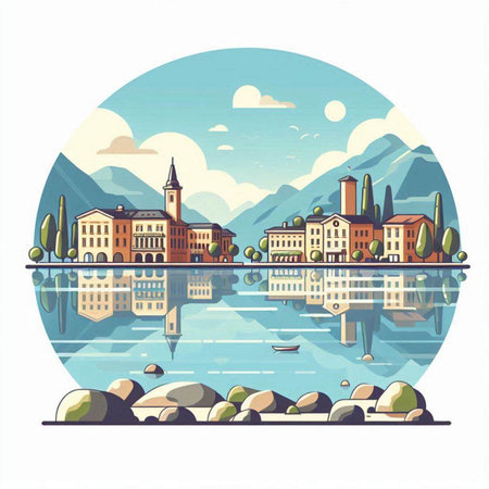 Landscape of Lake Como in Italy. Vector illustration in flat styleのイラスト素材
