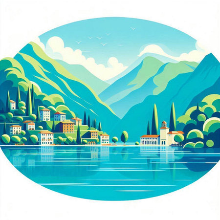 Beautiful landscape of Lake Garda, Italy. Vector illustration.のイラスト素材