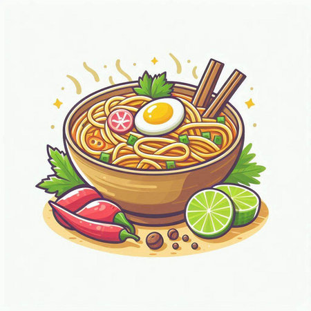 Illustration of ramen noodle with egg, chili pepper and parsleyのイラスト素材