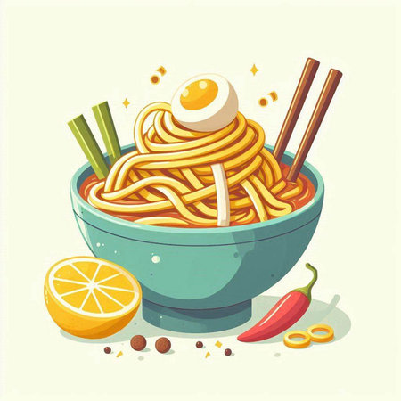 Bowl of noodles with chopsticks, lemon and pepper. Vector illustration.のイラスト素材