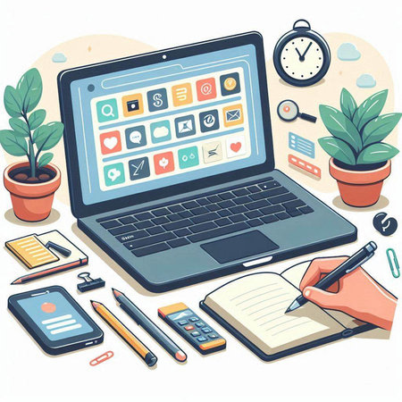 Workplace with laptop, smartphone and office supplies. Vector illustration.のイラスト素材