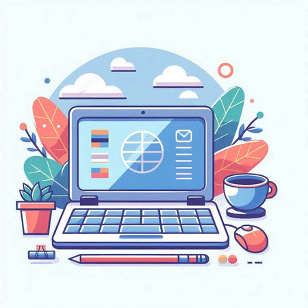 Laptop computer with graphic design on screen. Flat vector illustration.のイラスト素材