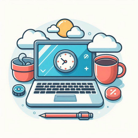 Laptop computer with clock and cup of coffee. Vector illustration.のイラスト素材