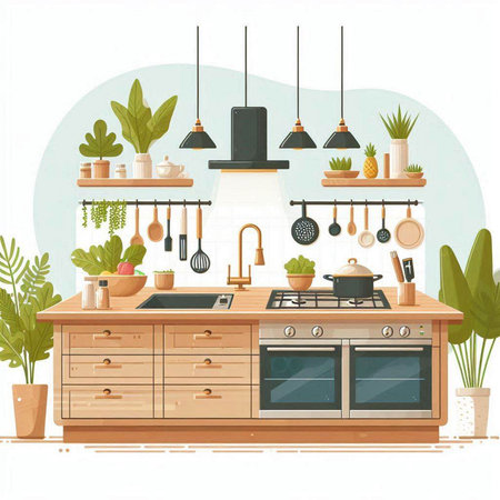 Kitchen interior with furniture and plants. Flat style vector illustration.のイラスト素材