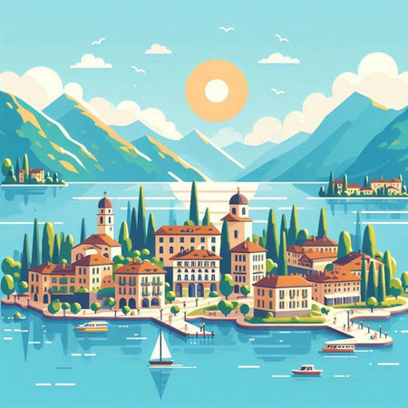 Beautiful landscape of Lake Como in Italy. Vector illustration.のイラスト素材