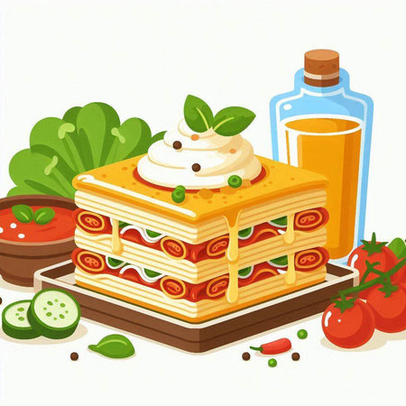 Illustration of a slice of lasagna with tomato sauce and basilのイラスト素材