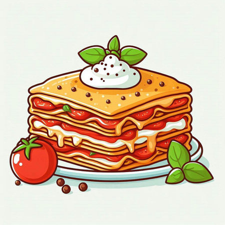 Illustration of a stack of pancakes with sour cream and cherry tomatoesのイラスト素材