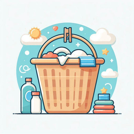 Basket with cleaning products. Vector illustration in flat design style.のイラスト素材