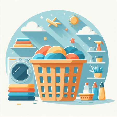 Laundry basket with detergent, detergents and washing machine. Flat style vector illustration.のイラスト素材