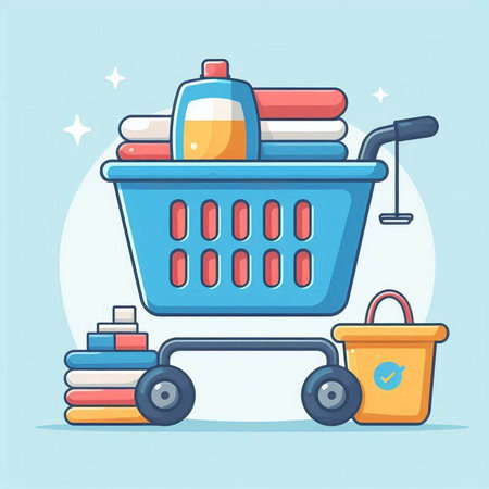 Shopping cart with products. Vector illustration in flat cartoon style.のイラスト素材