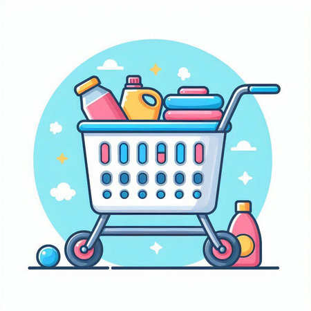 Shopping cart with cleaning products. Vector illustration in flat style.のイラスト素材