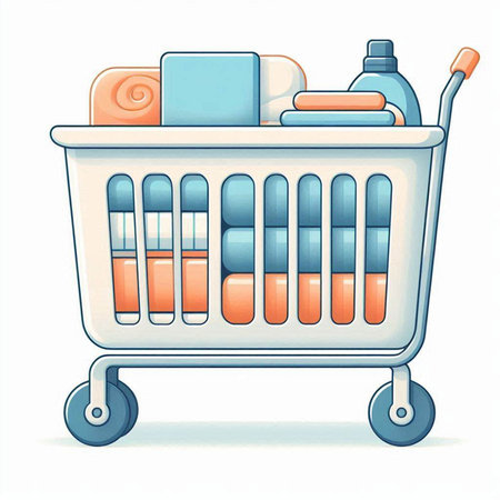 Shopping cart with cleaning products on white background. Vector illustration.のイラスト素材