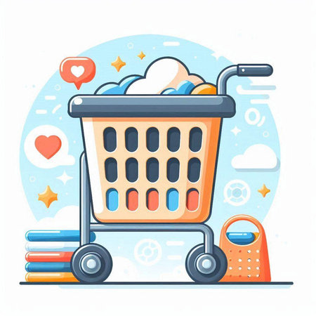 Shopping cart with pile of books and mobile phone, flat vector illustration.のイラスト素材