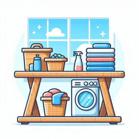 Laundry room with washing machine, basket with cleaning products and towels. Vector illustration.のイラスト素材