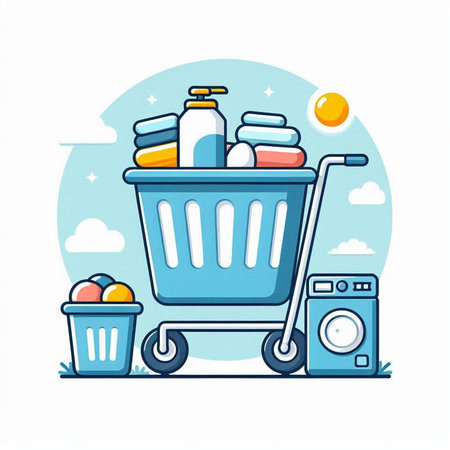 Shopping cart with cleaning products. Vector illustration in flat style.のイラスト素材