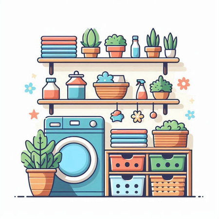 Laundry room interior with washing machine and houseplants. Vector illustrationのイラスト素材