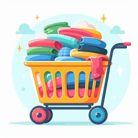 Cartoon illustration of a shopping cart full of colorful clothes. Vector illustrationのイラスト素材